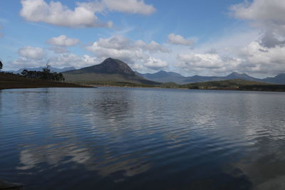 Scenic view of lake by mountains against sky