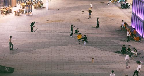 High angle view of people on street