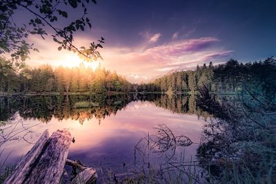 Scenic view of lake against sky at sunset