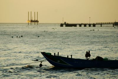 Boat sailing in sea at sunset