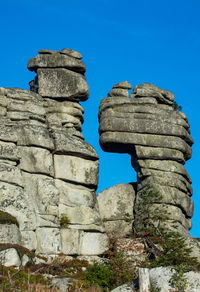 Low angle view of rocks against clear blue sky