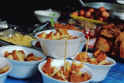 Close-up of food served on table