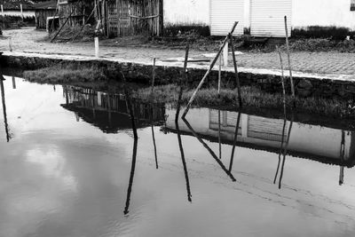 Reflection of building in puddle on lake