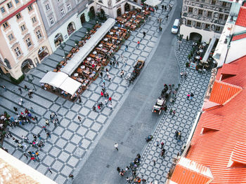 High angle view of people on city street