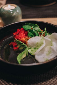 High angle view of vegetables in bowl on table