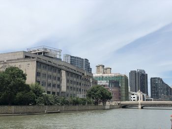 Buildings by river against sky in city