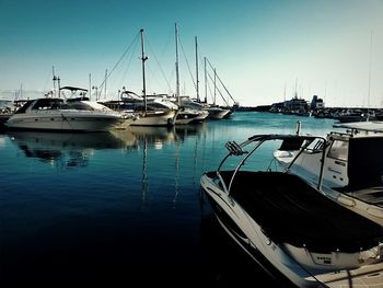 Sailboats moored at harbor against clear sky