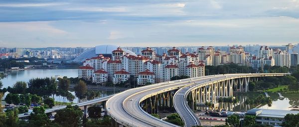 High angle view of buildings in city against sky