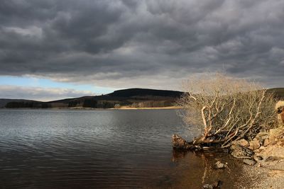 Scenic view of lake against cloudy sky