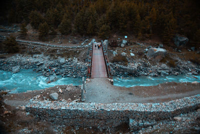 High angle view of machinery on sea during winter