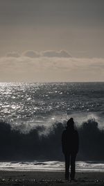 Rear view of man standing at beach against sky during sunset