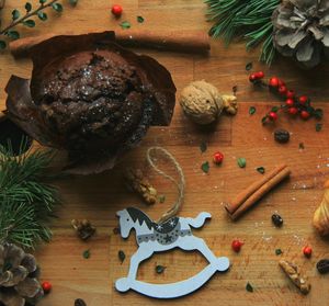 High angle view of christmas decorations on table