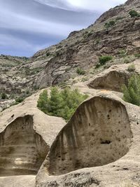 Scenic landscape view of eroded rocks on mountain against sky in ardales park, malaga. 