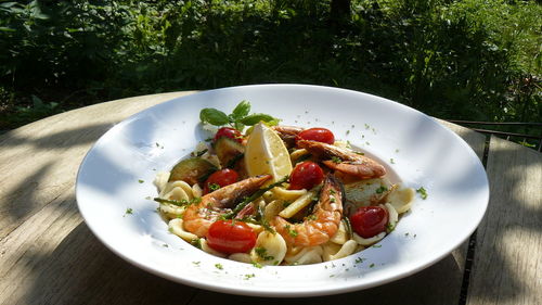 High angle view of salad in plate on table