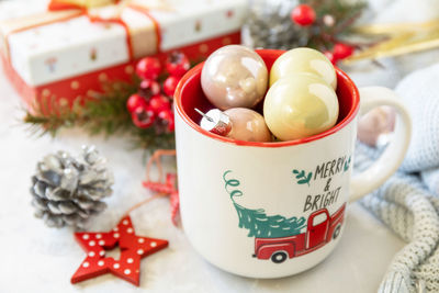 High angle view of christmas decorations on table