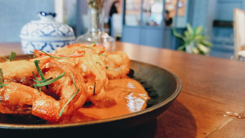 Close-up of seafood in plate on table