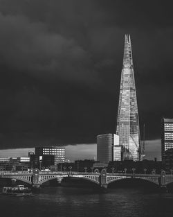 View of city at waterfront against cloudy sky