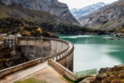 High angle view of dam on lake