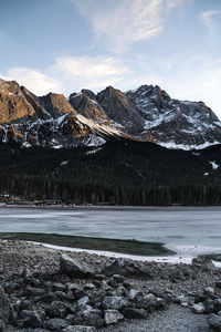 Snowy mountain peaks of the zugspitze in germany bavaria at sunset