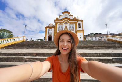 Self portrait of traveler woman in sao joao del rei, minas gerais, brazil