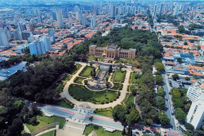 High angle view of city buildings