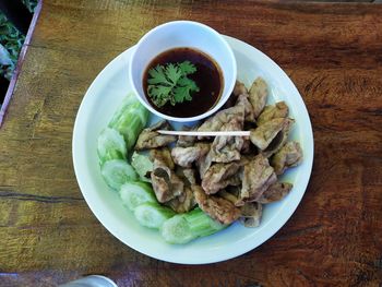 High angle view of meal served on table