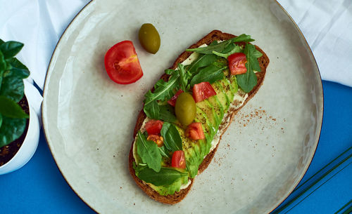 High angle view of breakfast served on table