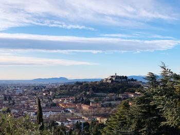 High angle shot of townscape against sky