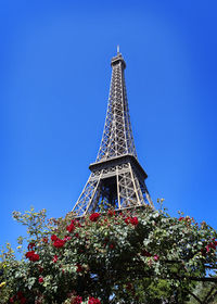 Low angle view of tower against clear blue sky