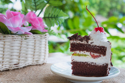 Close-up of cake slice in plate