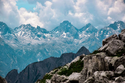 Scenic view of mountains against cloudy sky