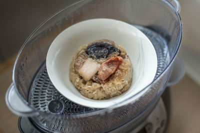 High angle view of breakfast in plate on table