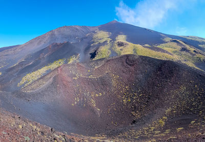 Scenic view of volcanic mountain against blue sky