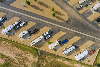 High angle view of cars on field