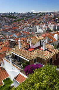 High angle view of cityscape against clear blue sky