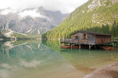 Scenic view of braies lake and mountains