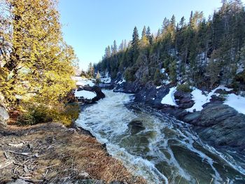 Scenic view of stream flowing through rocks in forest against sky