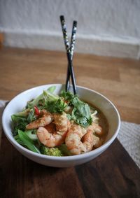 High angle view of salad in bowl on table