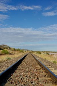 Railroad track amidst landscape against sky