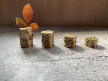 Stack of coins on table