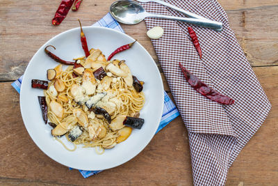 High angle view of breakfast served on table