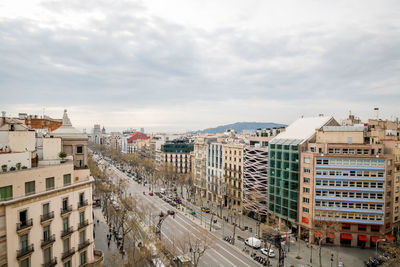 High angle view of buildings in city against sky