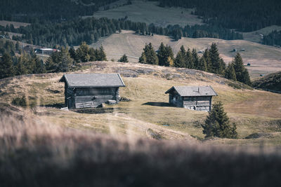 Scenic view of houses and trees on field