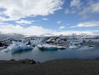 Scenic view of frozen lake against sky