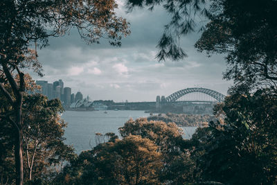 Bridge over river with city in background