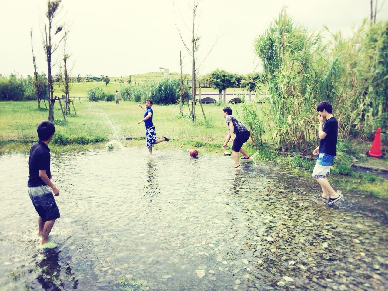 childhood, full length, boys, lifestyles, leisure activity, elementary age, girls, casual clothing, water, innocence, playing, tree, fun, togetherness, children, sibling, playful