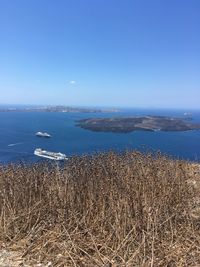 Scenic view of sea against clear blue sky