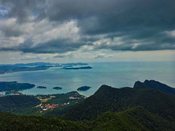 Scenic view of sea and mountains against sky