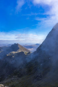 Aerial view of mountain range against cloudy sky