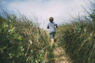 Rear view of boy running on field amidst plants at a_o nuevo state park